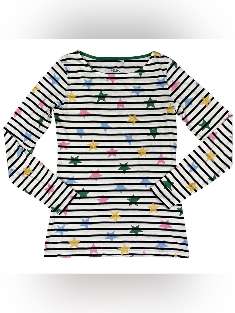 Boden Breton Striped Stars Top 2 XS Glitter All-Over Print Colorful Long Sleeve